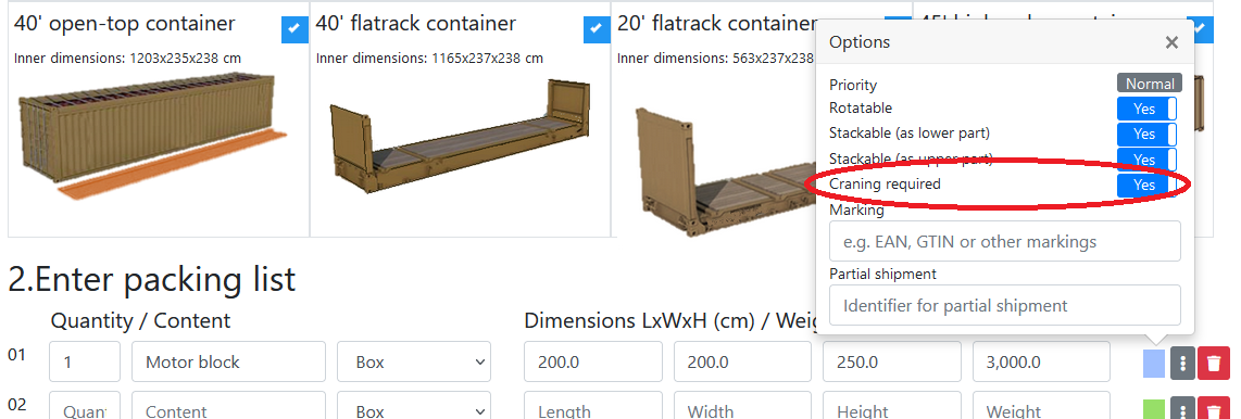 New option 'Craning required'